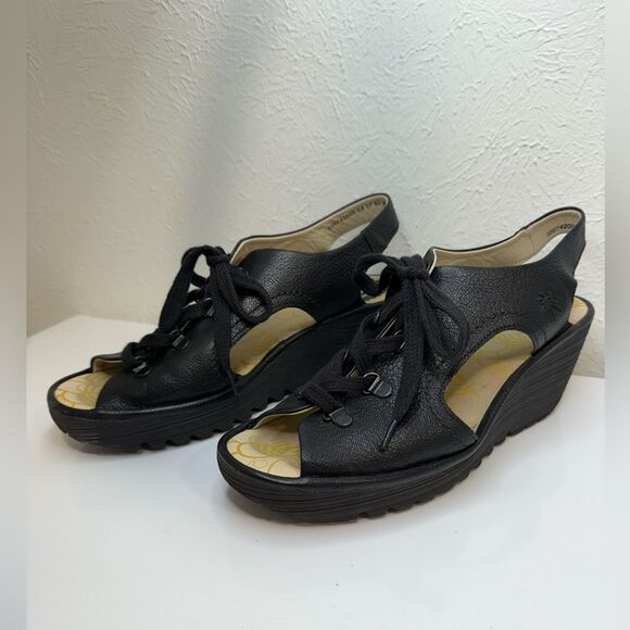 Fly London Leather Lace-Up Wedge Sandals YLFA – Black – Size 40 (US 9-9.5) - Picture 2 of 9